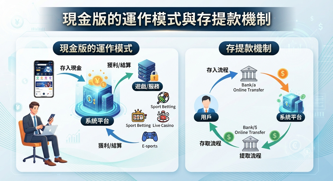 本圖以「現金版的運作模式與存提款機制」為標題,透過左右分區的圖像化流程, 詳細展示了平台用戶存入現金、遊戲服務運作以及後續資金存取款的完整互動機制。