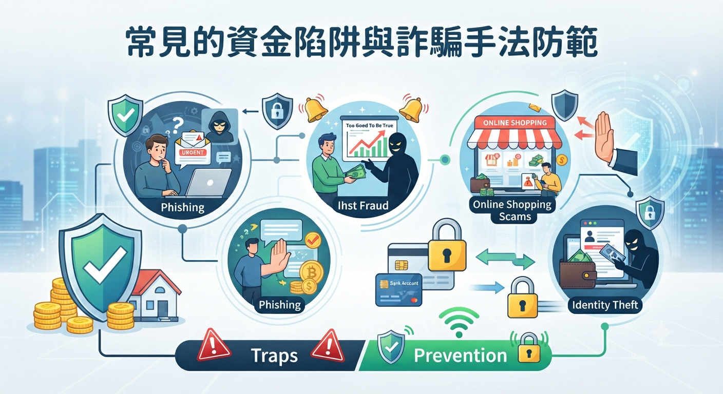 這張圖片展示了「常見的資金陷阱與詐騙手法防範」的主題。畫面中包含了網絡釣魚、投資詐騙及網路購物詐騙等多種陷阱與資安防護圖標。